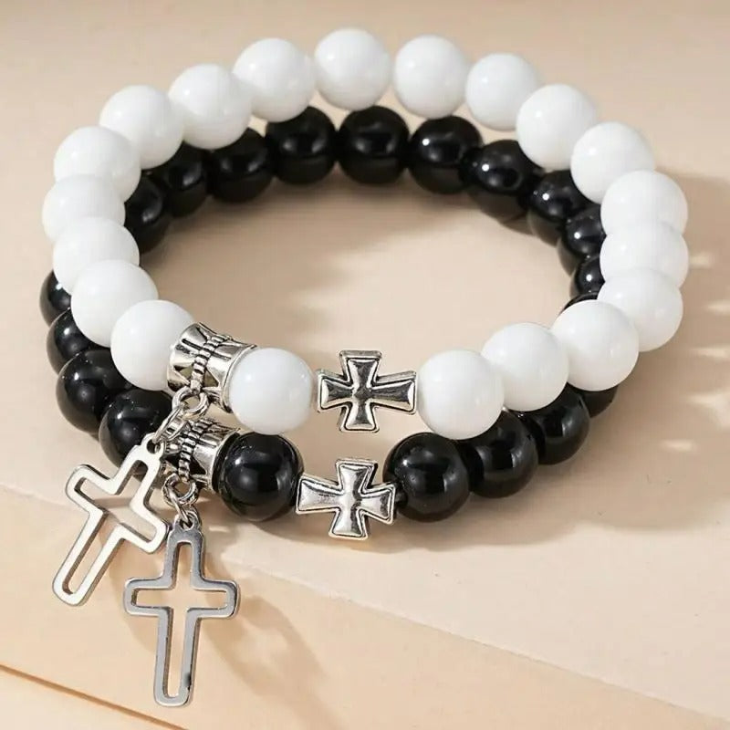 Bracelet Couple Croix Harmonie Noire Et Blanche