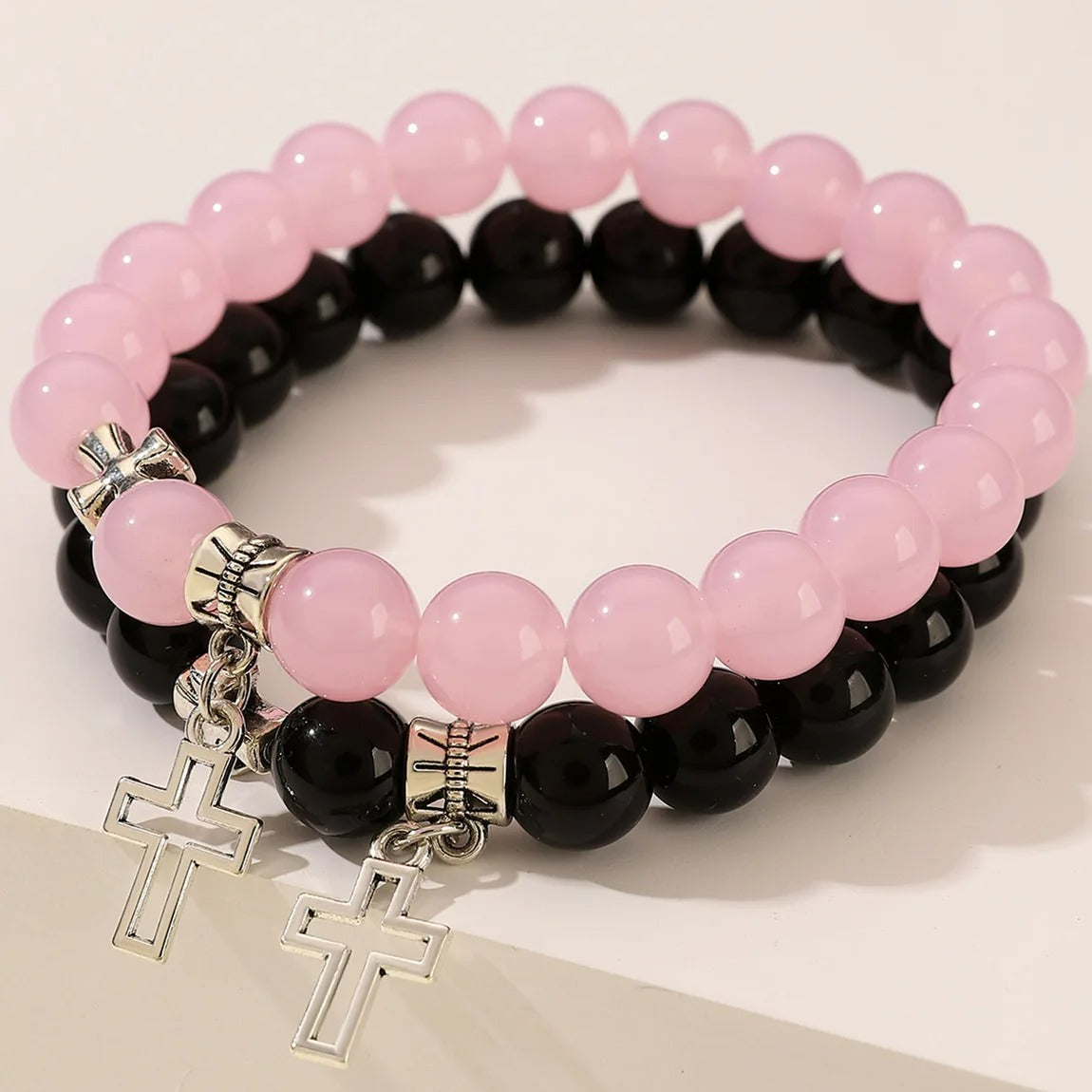 Bracelet Couple Croix Rose et Noire