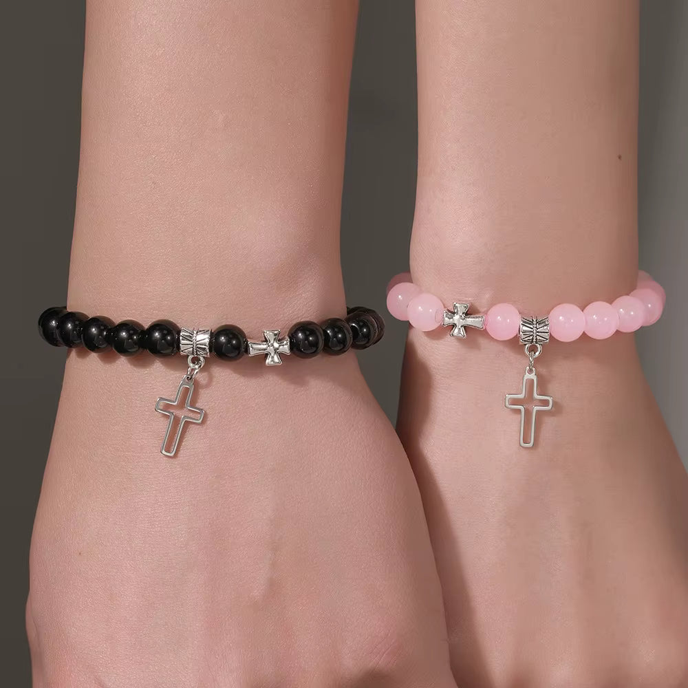 Bracelet Couple Croix Rose et Noire