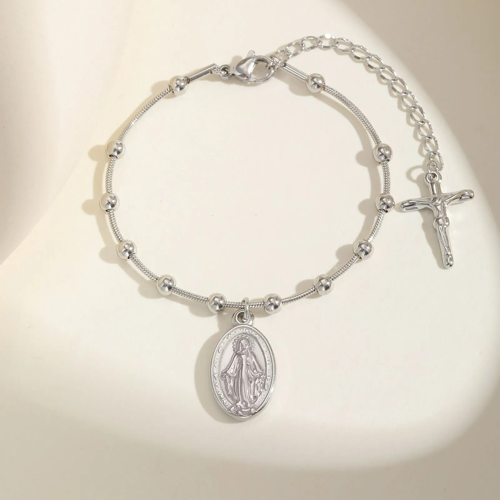 Bracelet Croix Femme Médaille Vierge Et Croix — Acier Inoxydable