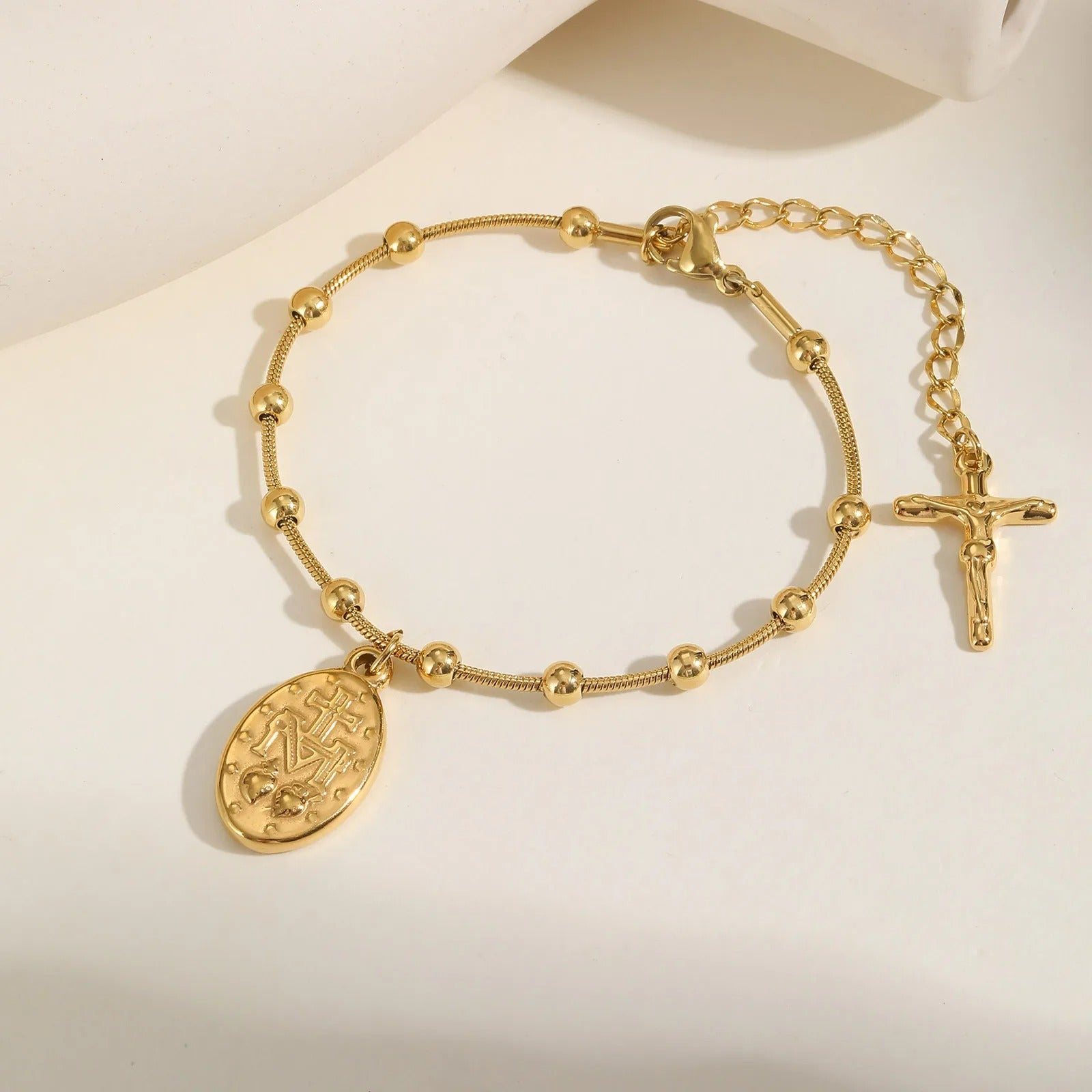 Bracelet Croix Femme Médaille Vierge Et Croix — Acier Inoxydable