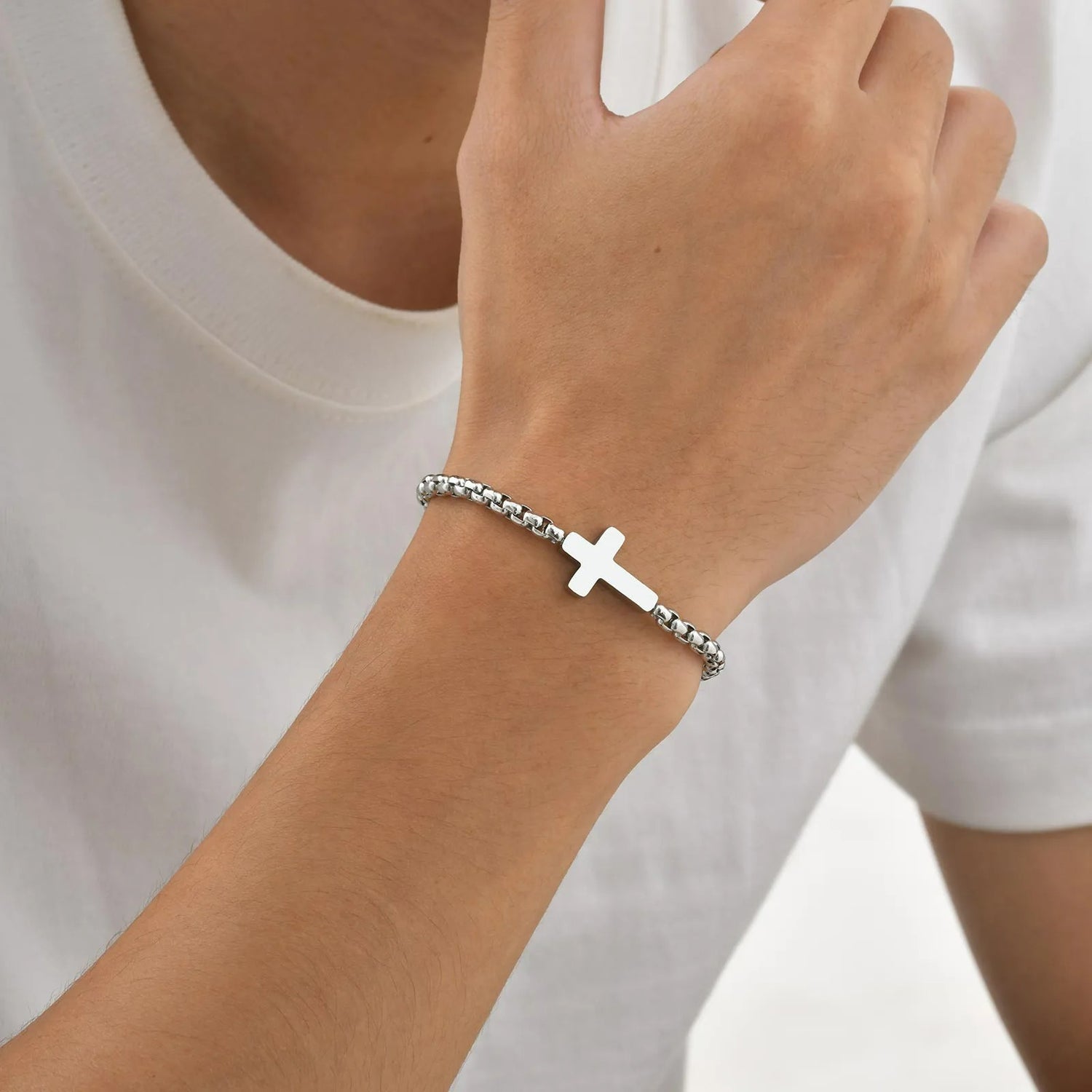 Bracelet Croix Homme Acier Argenté Minimal - Acier Inoxydable