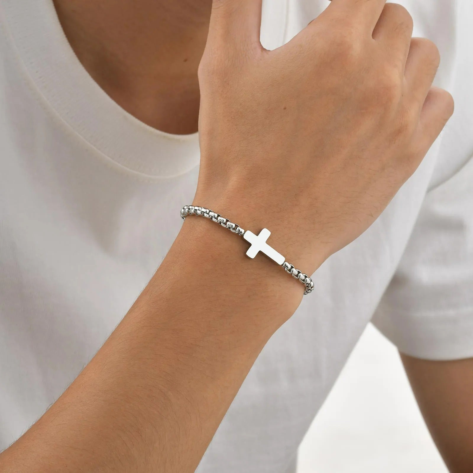 Bracelet Croix Homme Acier Argenté Minimal - Acier Inoxydable