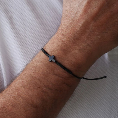 Bracelet Croix Homme Corde et Pierre Noire
