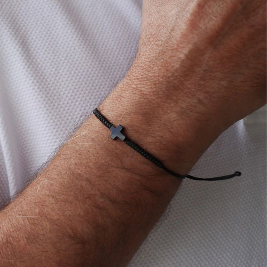 Bracelet Croix Homme Corde et Pierre Noire