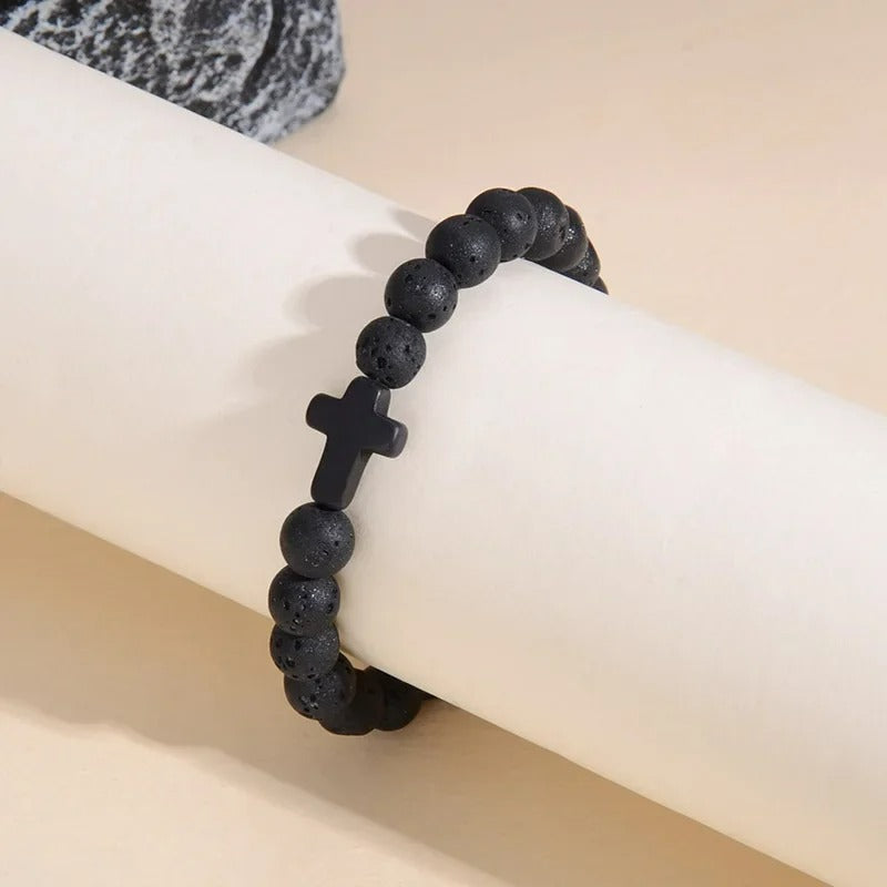 Bracelet Croix Homme Pierre de Lave