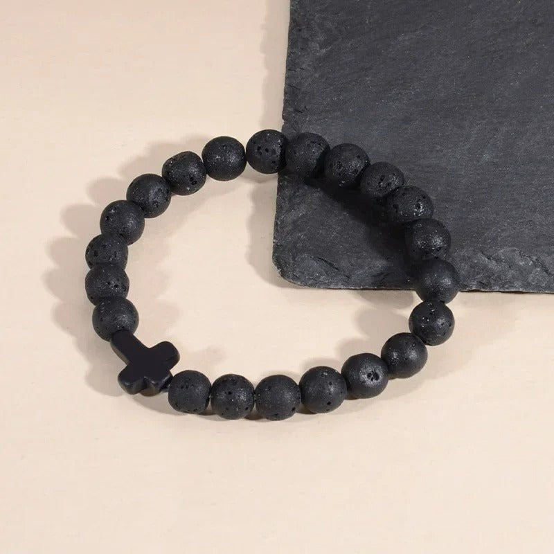 Bracelet Croix Homme Pierre de Lave