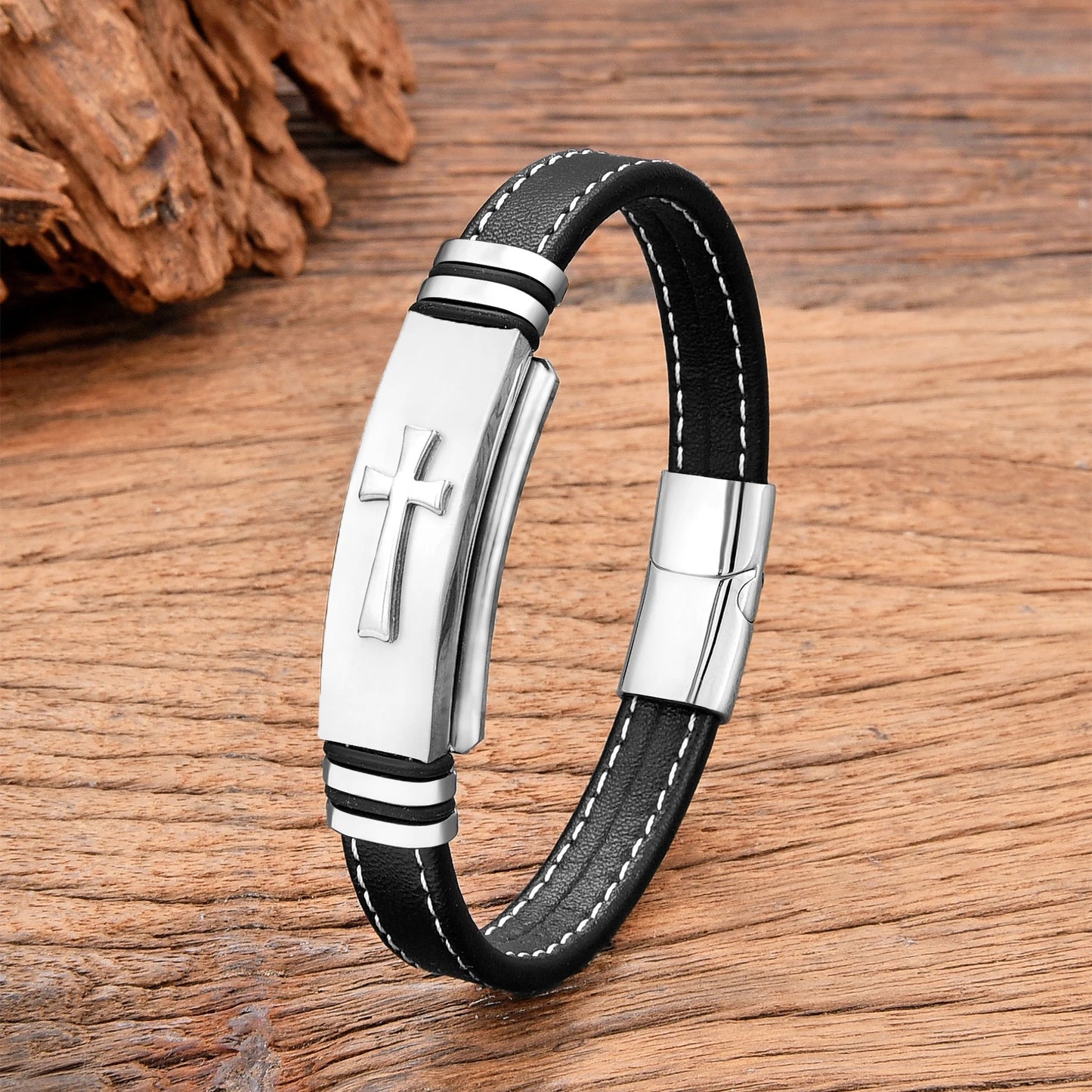Bracelet Croix Homme Tendance Acier Inoxydable