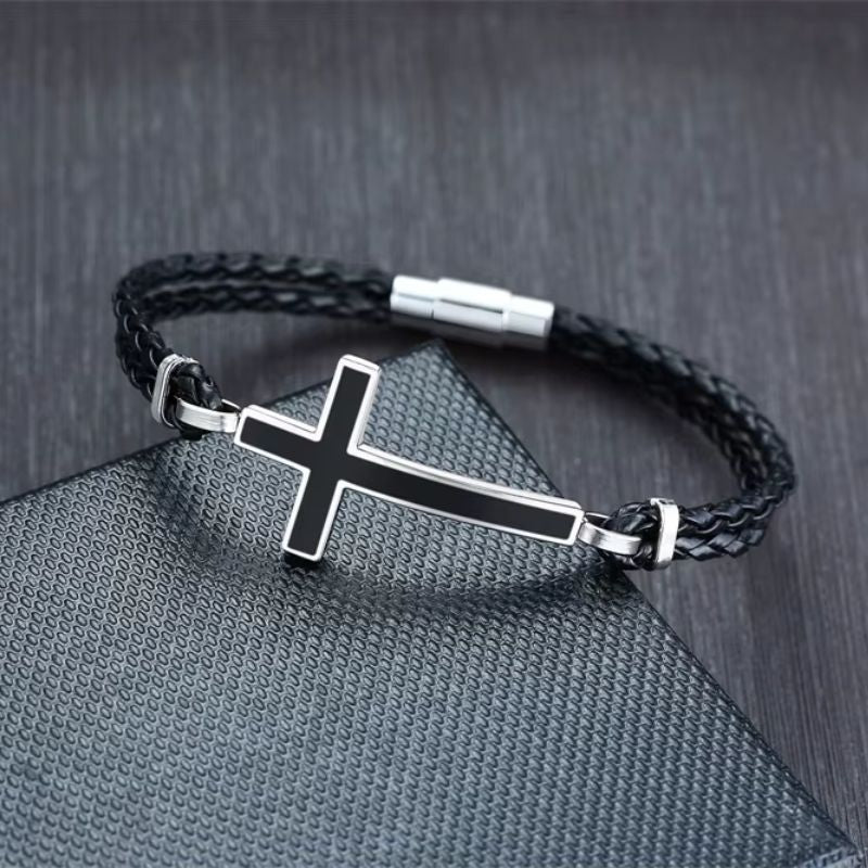 Bracelet Croix Homme Tressé Noir - Acier Inoxydable