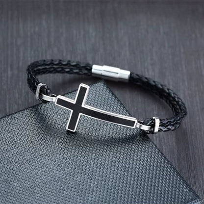 Bracelet Croix Homme Tressé Noir - Acier Inoxydable
