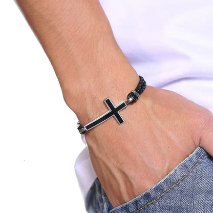 Bracelet Croix Homme Tressé Noir - Acier Inoxydable