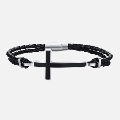 Bracelet Croix Homme Tressé Noir - Acier Inoxydable