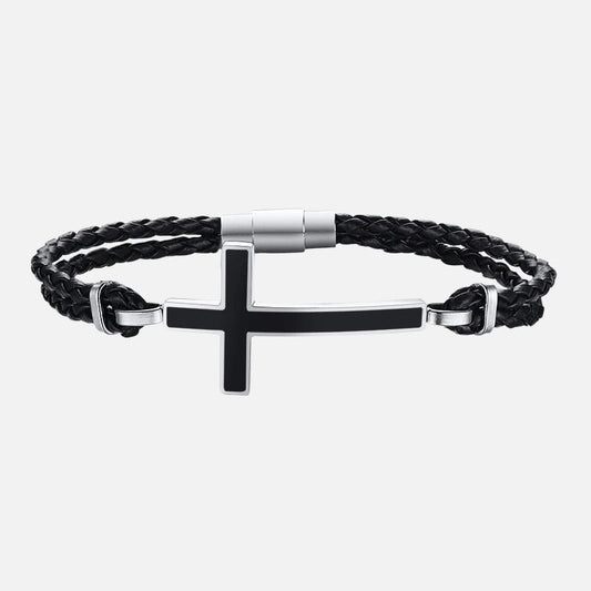 Bracelet Croix Homme Tressé Noir - Acier Inoxydable