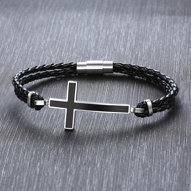 Bracelet Croix Homme Tressé Noir - Acier Inoxydable
