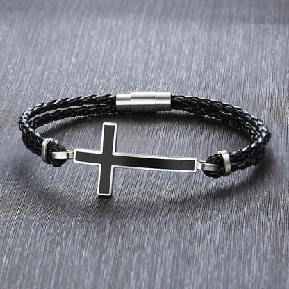 Bracelet Croix Homme Tressé Noir - Acier Inoxydable