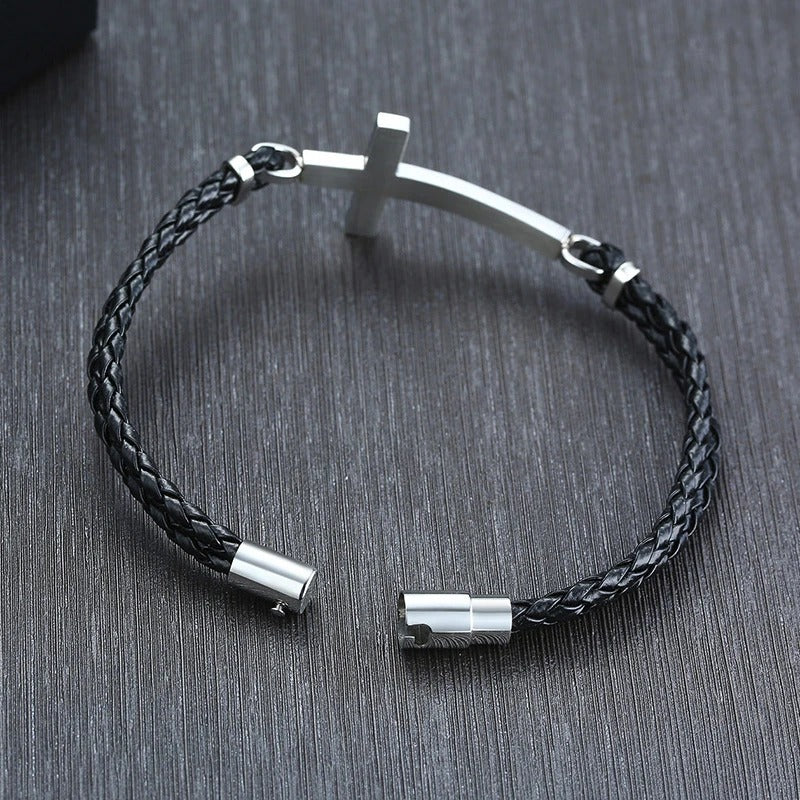 Bracelet Croix Homme Tressé Noir - Acier Inoxydable