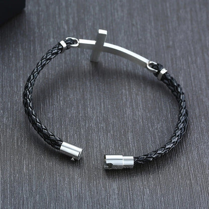 Bracelet Croix Homme Tressé Noir - Acier Inoxydable