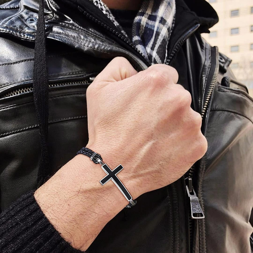 Bracelet Croix Homme Tressé Noir - Acier Inoxydable