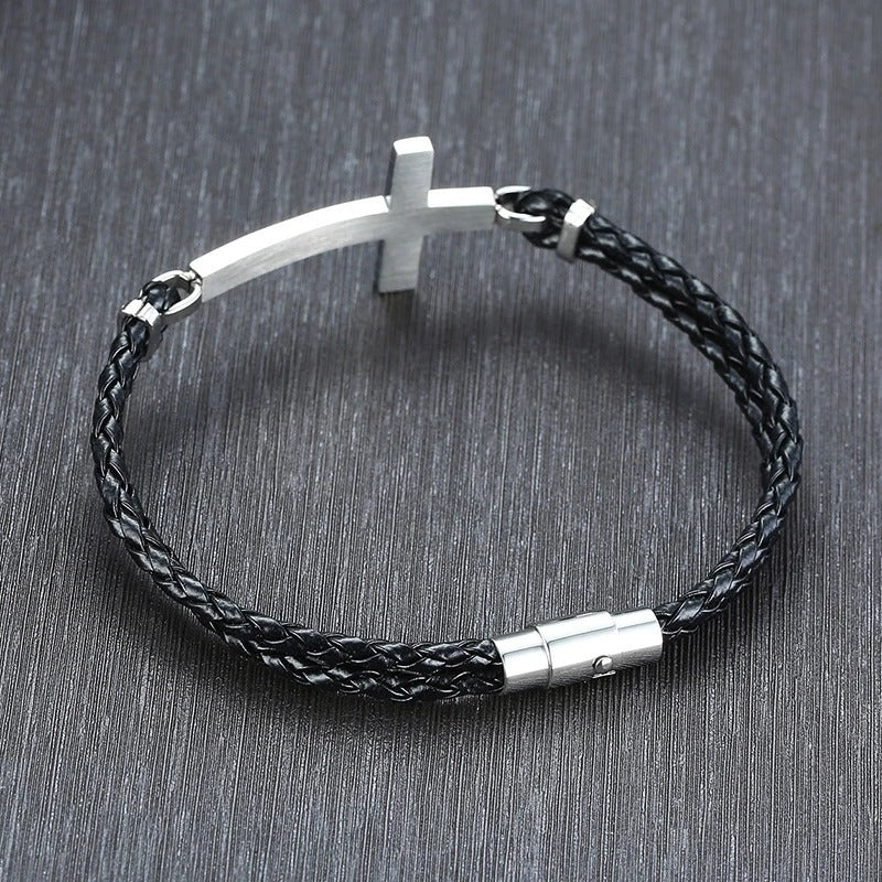 Bracelet Croix Homme Tressé Noir - Acier Inoxydable