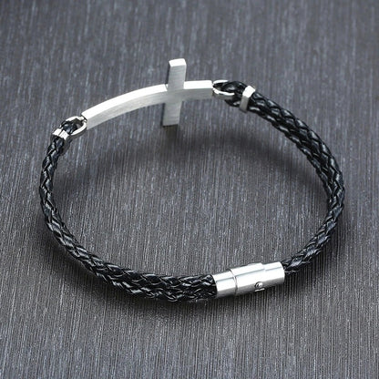 Bracelet Croix Homme Tressé Noir - Acier Inoxydable