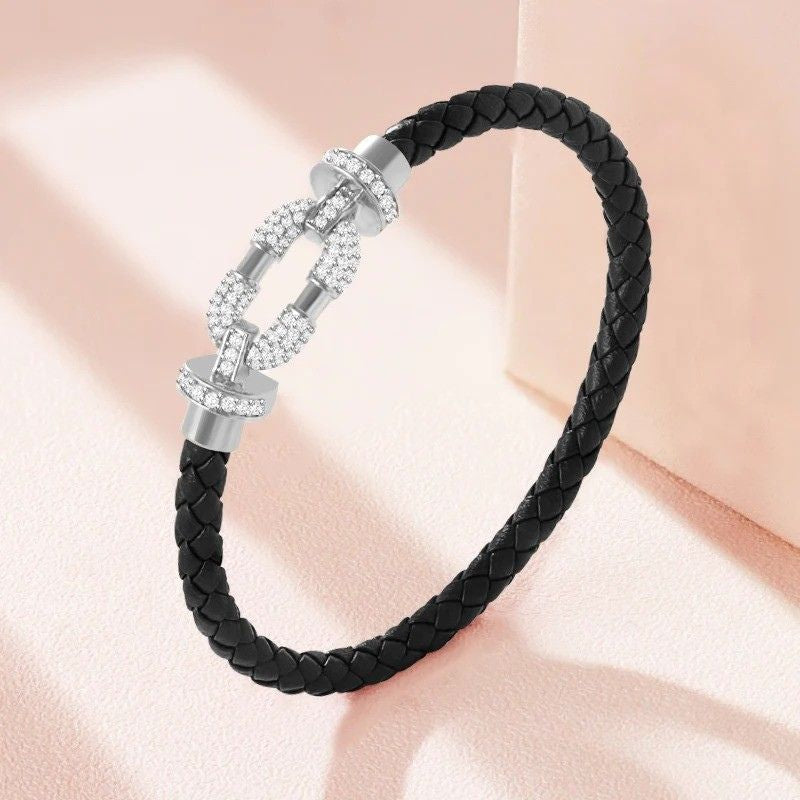 Bracelet Cuir Femme Boucle Argentée Pavée Zircon