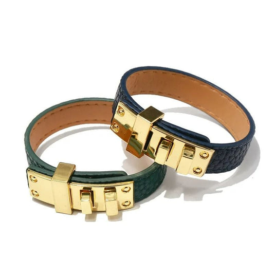 Bracelet Cuir Femme Large Plaque Dorée
