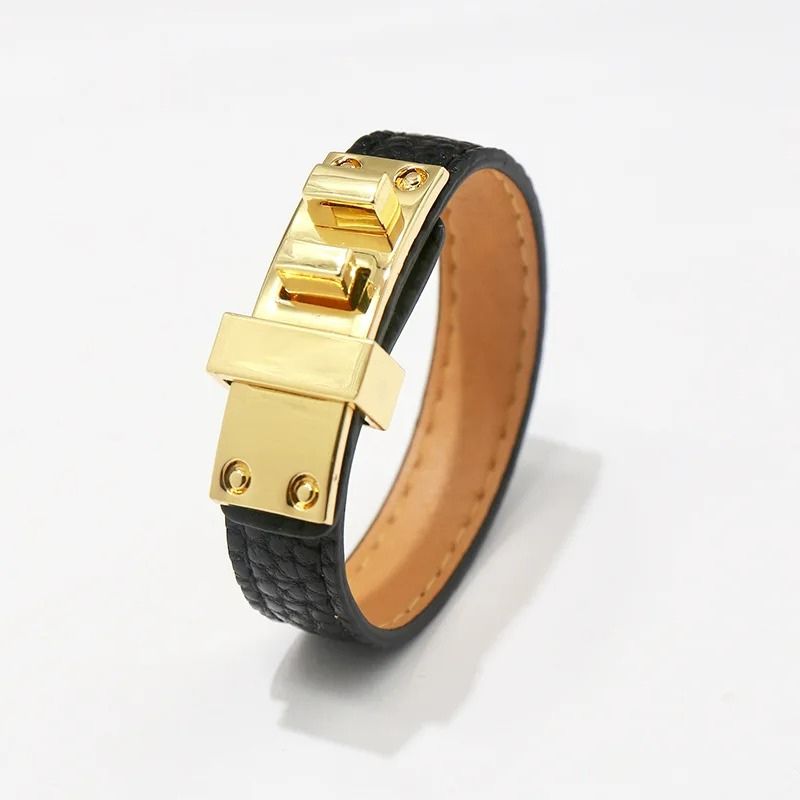 Bracelet Cuir Femme Large Plaque Dorée