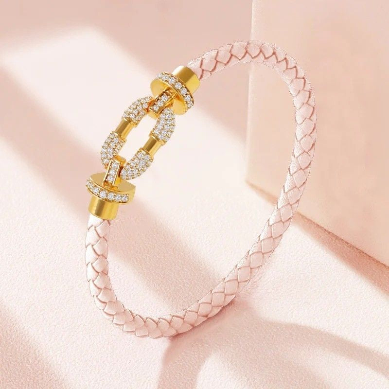 Bracelet Cuir Femme Pastel Fermoir Doré Pavé