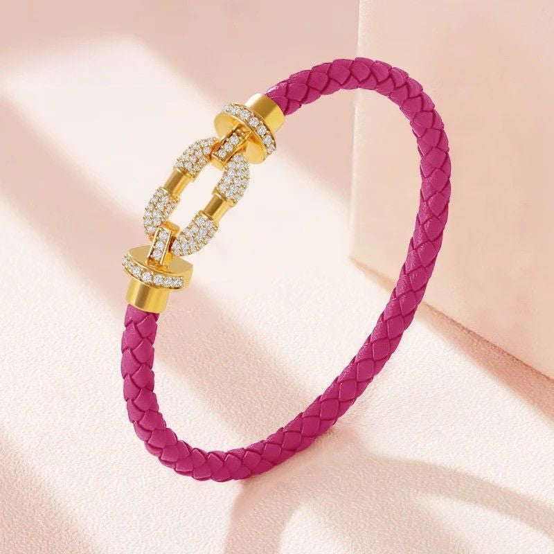 Bracelet Cuir Femme Rose Fuchsia Boucle Dorée