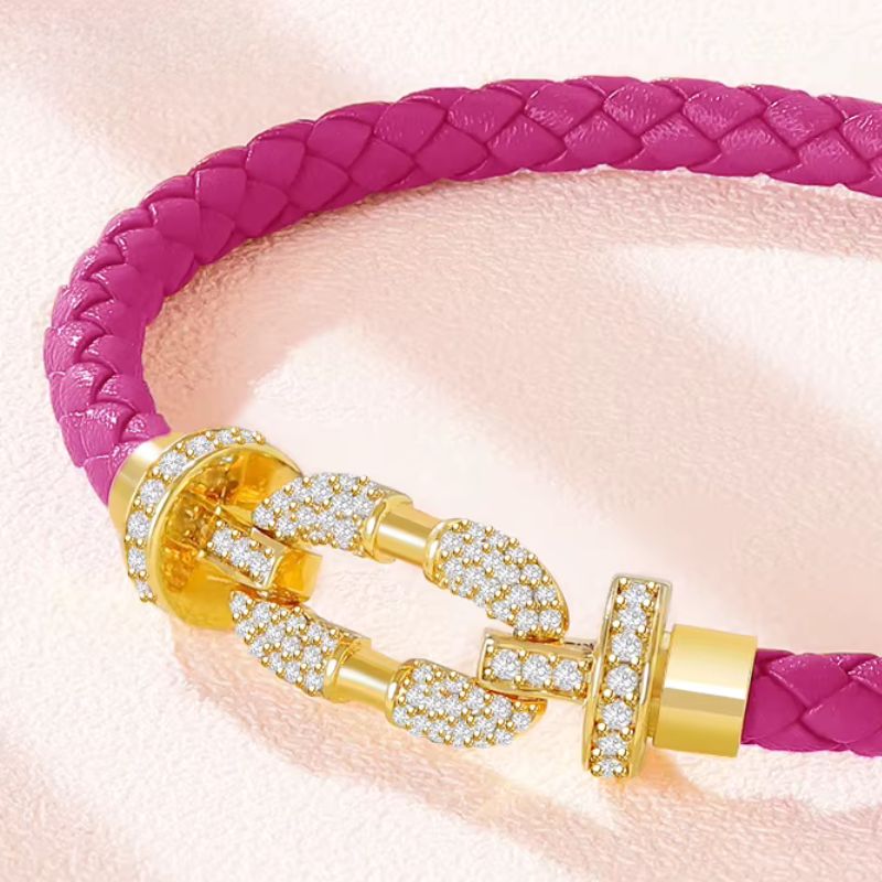 Bracelet Cuir Femme Rose Fuchsia Boucle Dorée