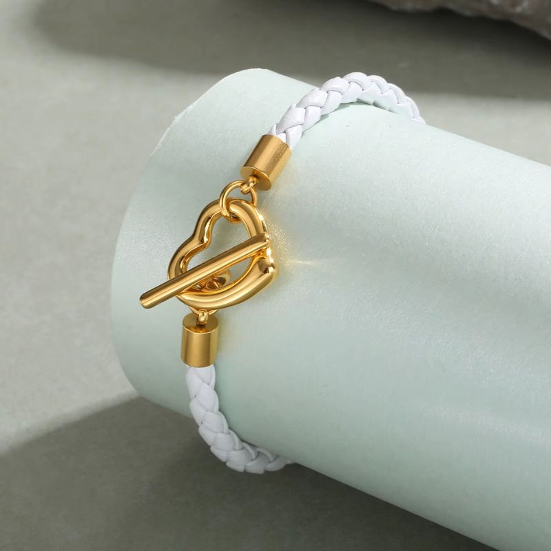 Bracelet Cuir Femme Tressé Cœur Doré - Acier Inoxydable
