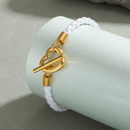 Bracelet Cuir Femme Tressé Cœur Doré - Acier Inoxydable
