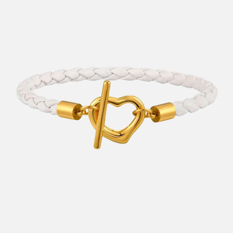Bracelet Cuir Femme Tressé Cœur Doré - Acier Inoxydable