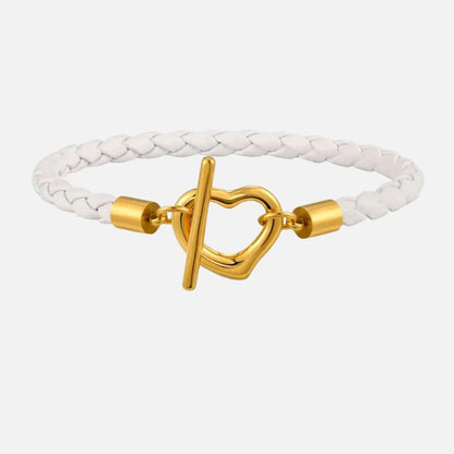 Bracelet Cuir Femme Tressé Cœur Doré - Acier Inoxydable