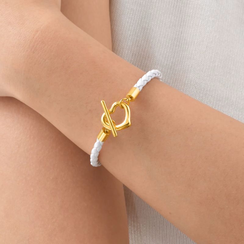 Bracelet Cuir Femme Tressé Cœur Doré - Acier Inoxydable