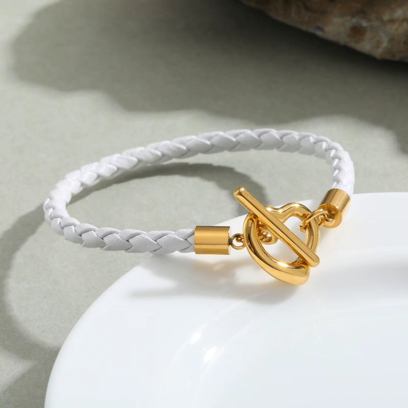 Bracelet Cuir Femme Tressé Cœur Doré - Acier Inoxydable