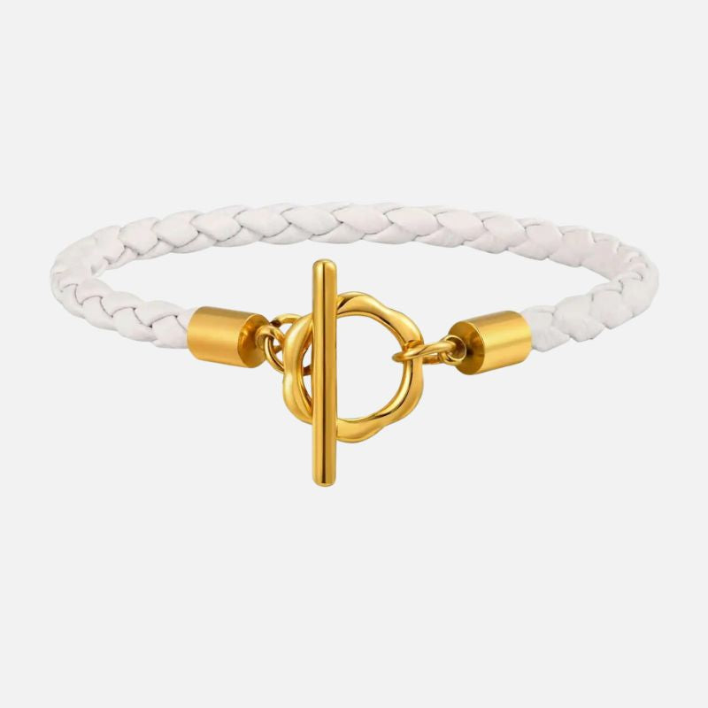 Bracelet Cuir Femme Tressé Fleur Doré - Acier Inoxydable