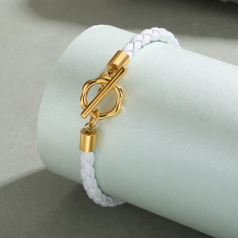 Bracelet Cuir Femme Tressé Fleur Doré - Acier Inoxydable