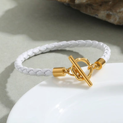 Bracelet Cuir Femme Tressé Fleur Doré - Acier Inoxydable