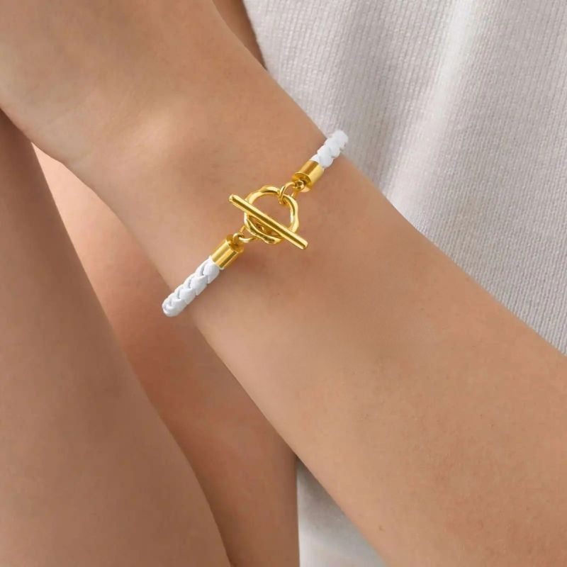Bracelet Cuir Femme Tressé Fleur Doré - Acier Inoxydable