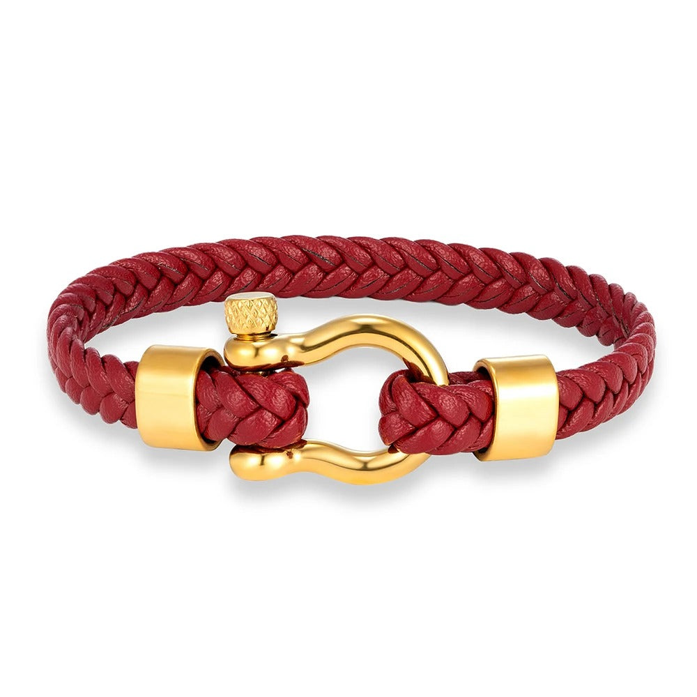 Bracelet Cuir Femme Tressé Manille Doré - Acier  Inoxydable