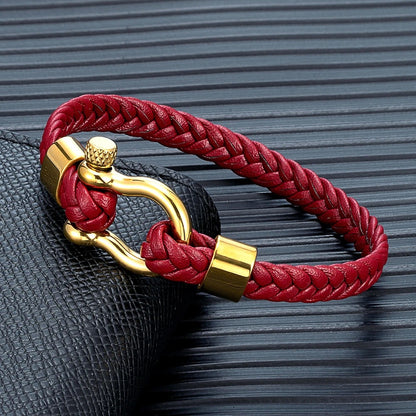 Bracelet Cuir Femme Tressé Manille Doré - Acier  Inoxydable