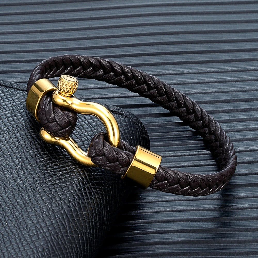 Bracelet Cuir Femme Tressé Manille Doré - Acier  Inoxydable
