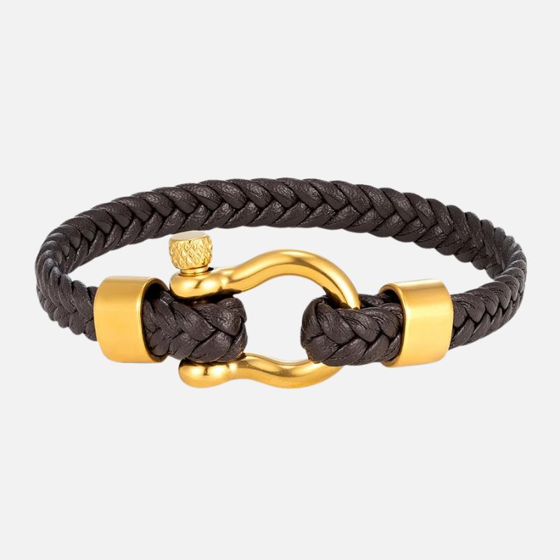 Bracelet Cuir Femme Tressé Manille Doré - Acier  Inoxydable