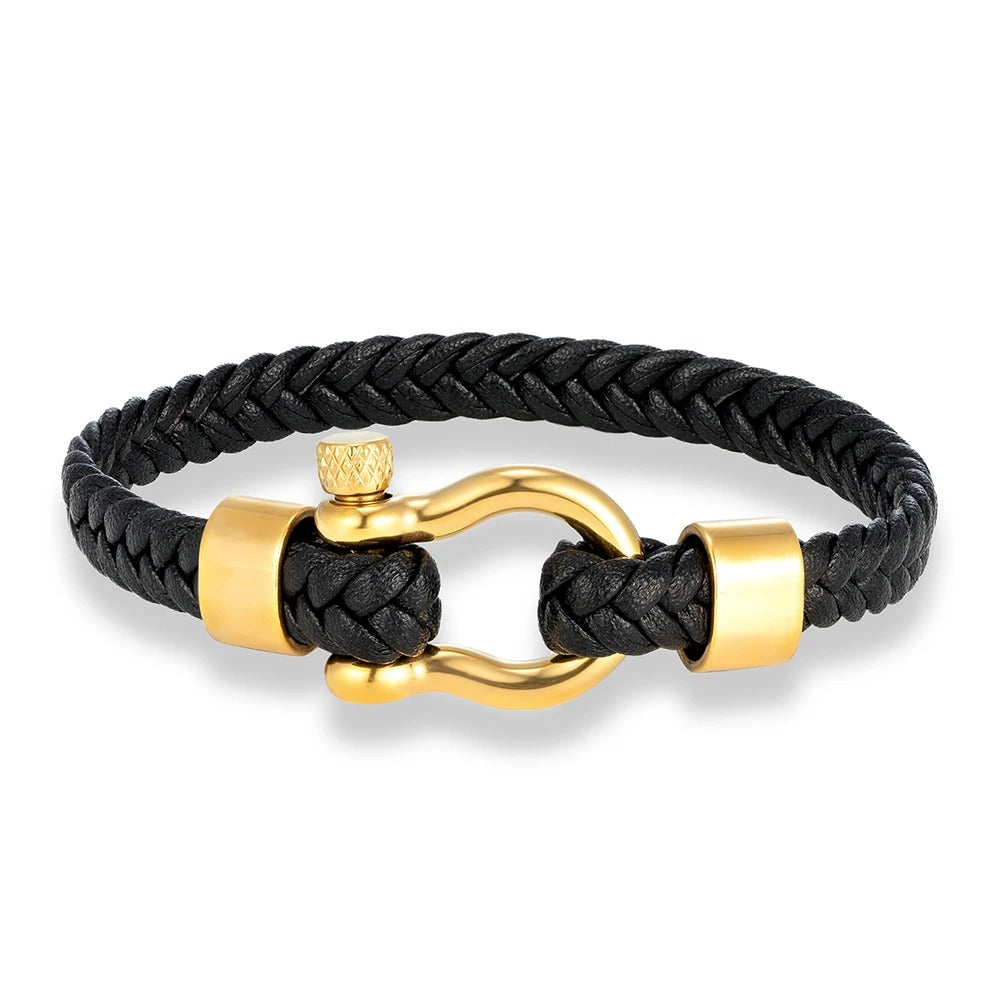 Bracelet Cuir Femme Tressé Manille Doré - Acier  Inoxydable