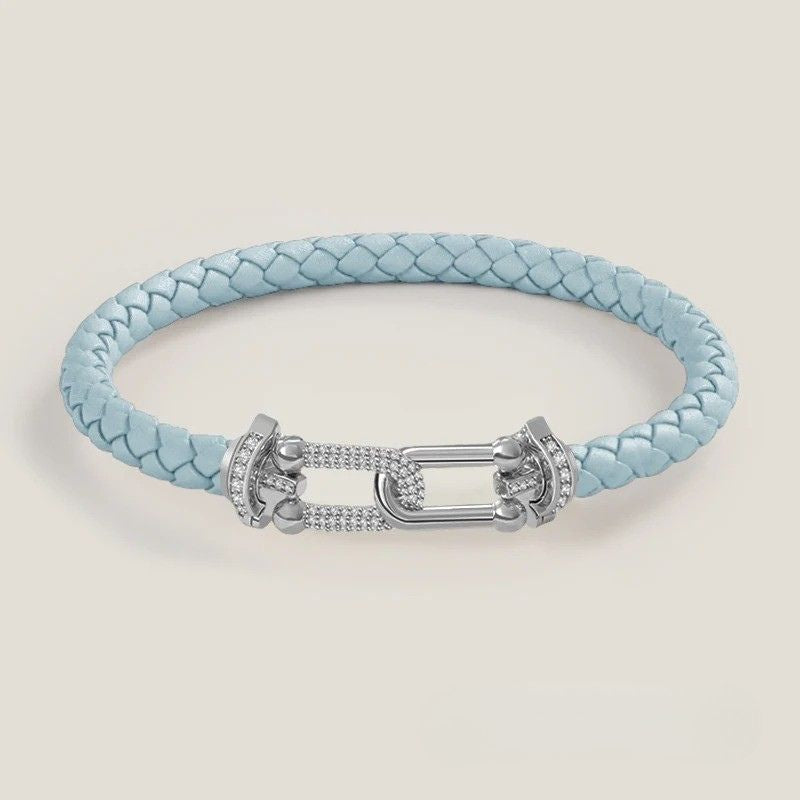 Bracelet Cuir Femme Tressé Zircon Argenté