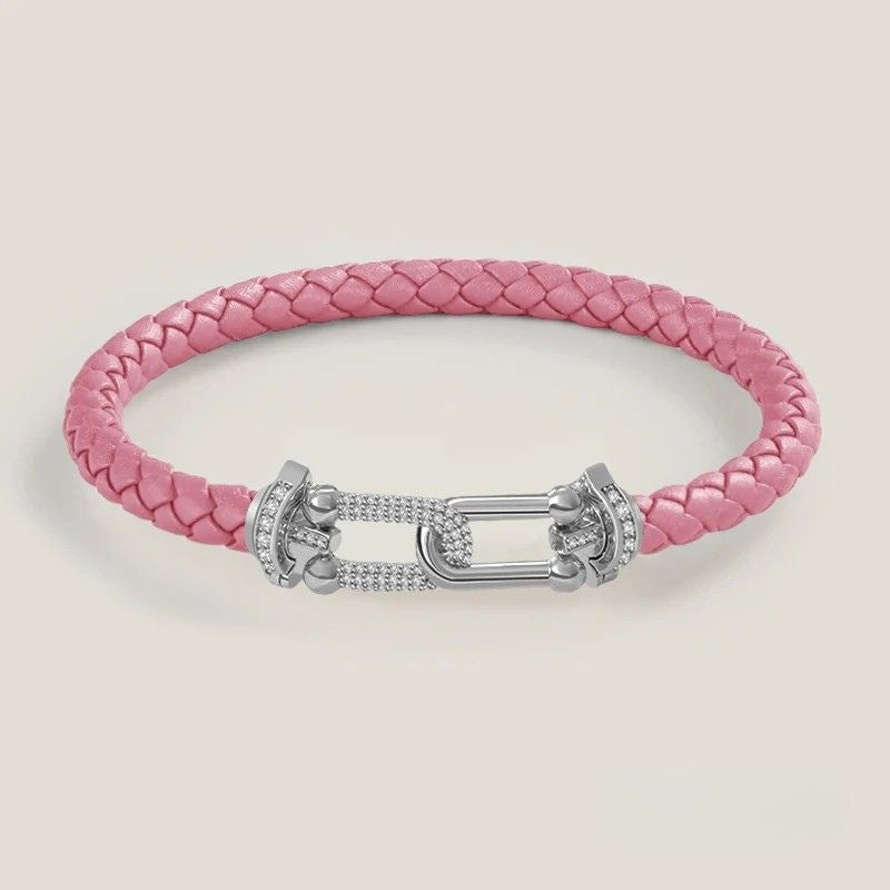 Bracelet Cuir Femme Tressé Zircon Argenté