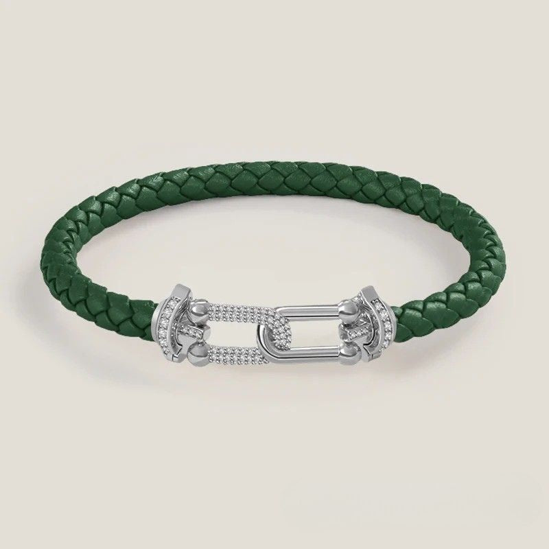 Bracelet Cuir Femme Tressé Zircon Argenté