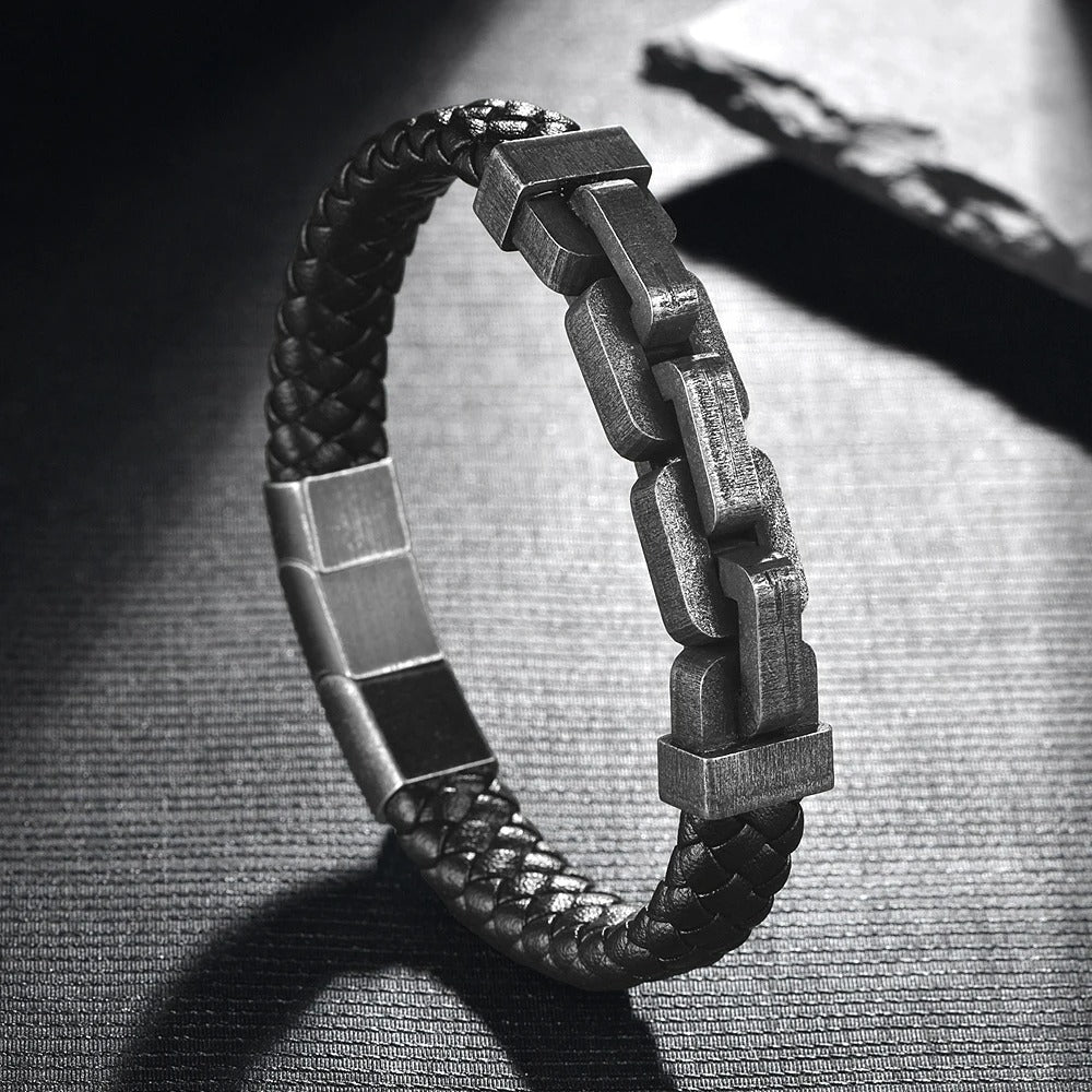 Bracelet Cuir Homme Chaîne Épaisse - Acier Inoxydable