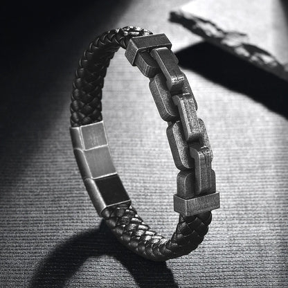 Bracelet Cuir Homme Chaîne Épaisse - Acier Inoxydable